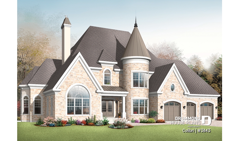 front - BASE MODEL - 3 master suites house plan with formal dining and living room, 3-car garage, 3 fireplaces, home office - Colibri