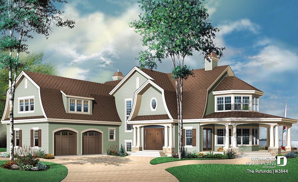 front - BASE MODEL - Lakefront 4 to 5 bedroom house plan, 3-car garage, large bonus room, master suite, office, media room - The Rotunda