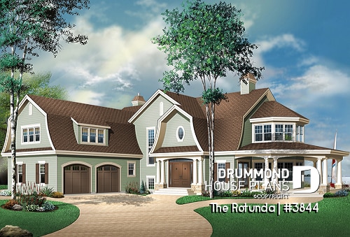 front - BASE MODEL - Lakefront 4 to 5 bedroom house plan, 3-car garage, large bonus room, master suite, office, media room - The Rotunda