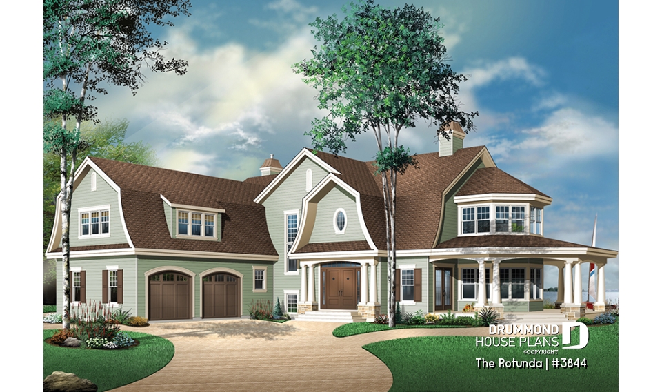 front - BASE MODEL - Lakefront 4 to 5 bedroom house plan, 3-car garage, large bonus room, master suite, office, media room - The Rotunda
