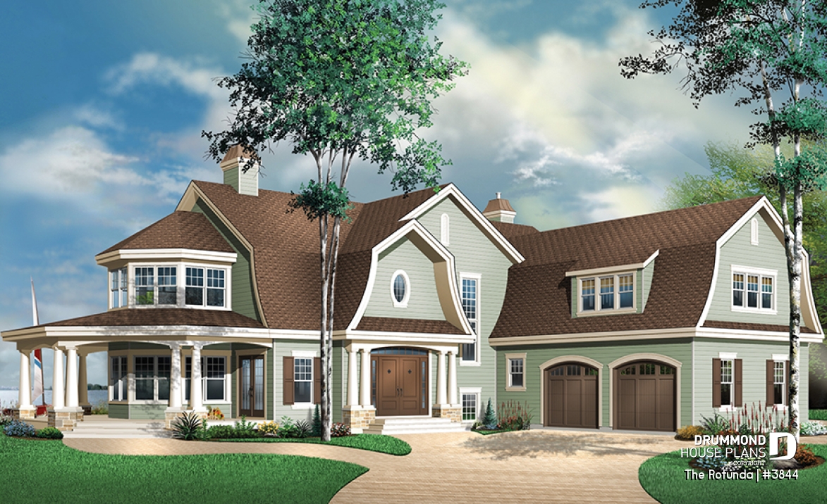 front - BASE MODEL - Lakefront 4 to 5 bedroom house plan, 3-car garage, large bonus room, master suite, office, media room - The Rotunda