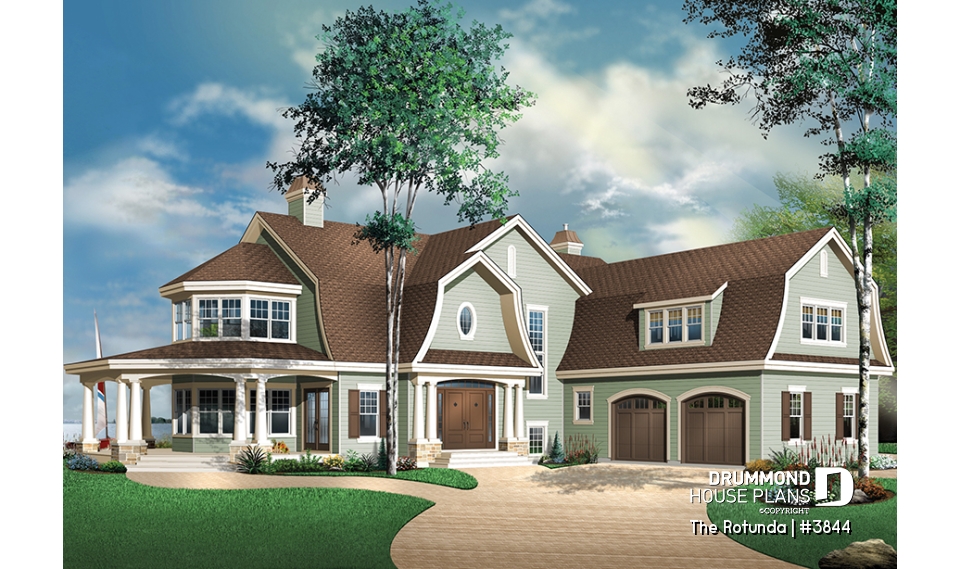 front - BASE MODEL - Lakefront 4 to 5 bedroom house plan, 3-car garage, large bonus room, master suite, office, media room - The Rotunda