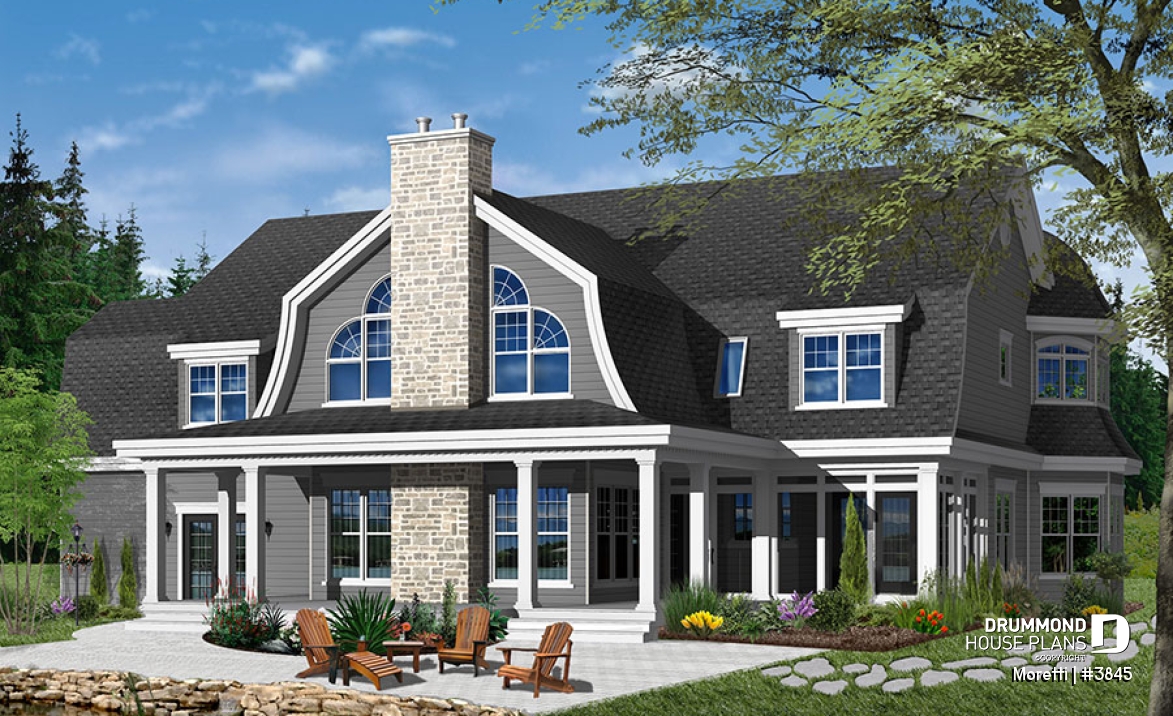 Color version 3 - Rear - 4 bedroom barn style house plan, 3-car garage, 2 master suites, formal dining &amp; living rooms, covered deck - Moretti
