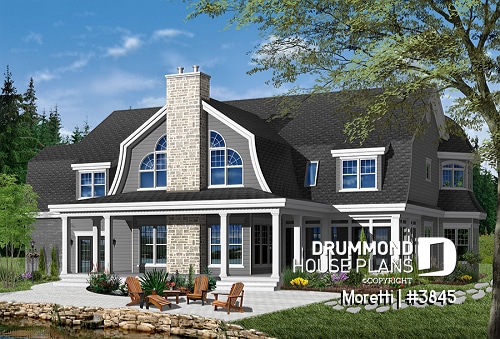 Color version 3 - Rear - 4 bedroom barn style house plan, 3-car garage, 2 master suites, formal dining & living rooms, covered deck - Moretti