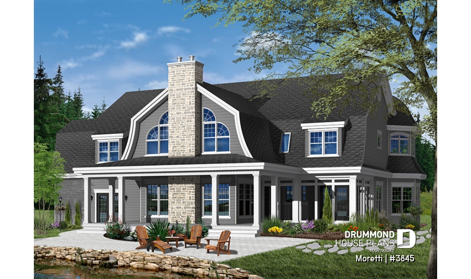 Color version 3 - Rear - 4 bedroom barn style house plan, 3-car garage, 2 master suites, formal dining &amp; living rooms, covered deck - Moretti