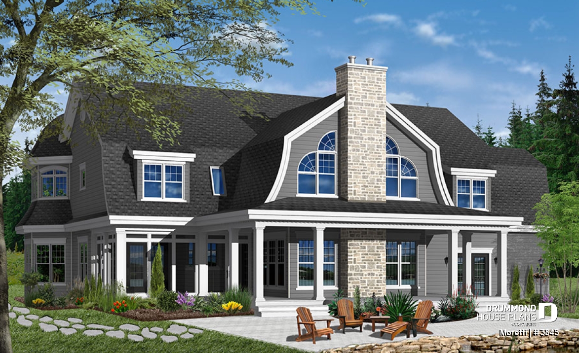 Color version 3 - Rear - 4 bedroom barn style house plan, 3-car garage, 2 master suites, formal dining &amp; living rooms, covered deck - Moretti