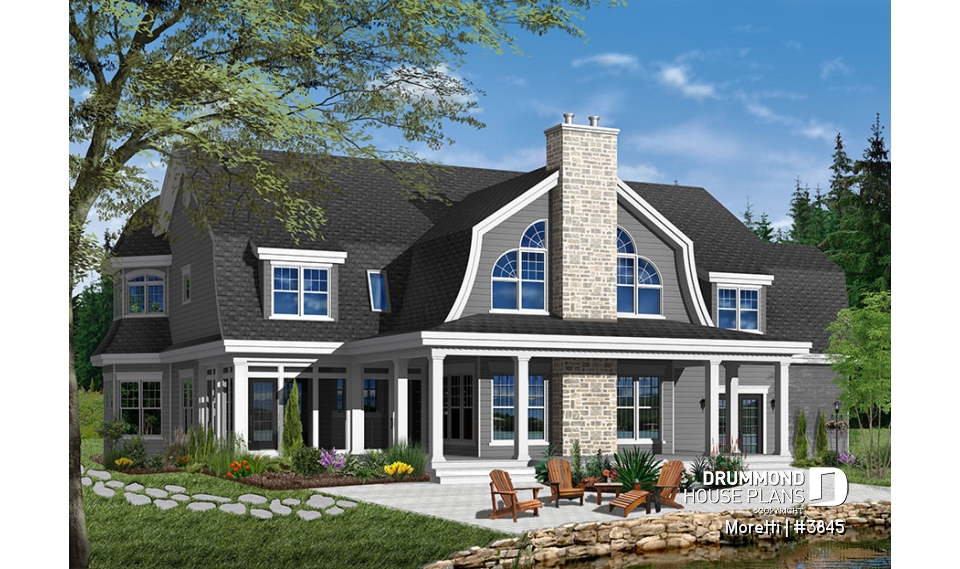 Color version 3 - Rear - 4 bedroom barn style house plan, 3-car garage, 2 master suites, formal dining &amp; living rooms, covered deck - Moretti