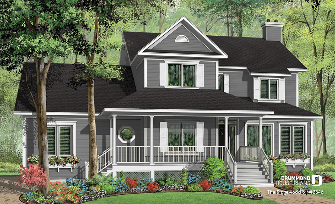 front - BASE MODEL - Country style house plan, 3 to 4 bedroom, 2 large home offices, sunroom, large bonus room - The Ridgewood 5