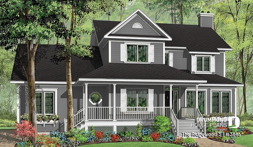 front - BASE MODEL - Country style house plan, 3 to 4 bedroom, 2 large home offices, sunroom, large bonus room - The Ridgewood 5