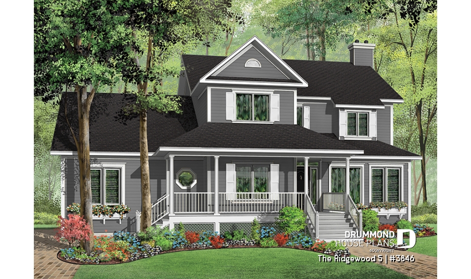 front - BASE MODEL - Country style house plan, 3 to 4 bedroom, 2 large home offices, sunroom, large bonus room - The Ridgewood 5
