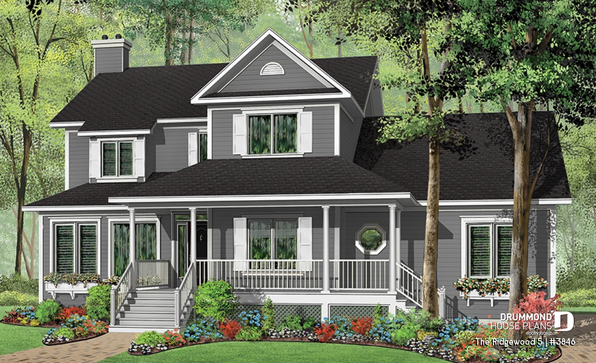 front - BASE MODEL - Country style house plan, 3 to 4 bedroom, 2 large home offices, sunroom, large bonus room - The Ridgewood 5