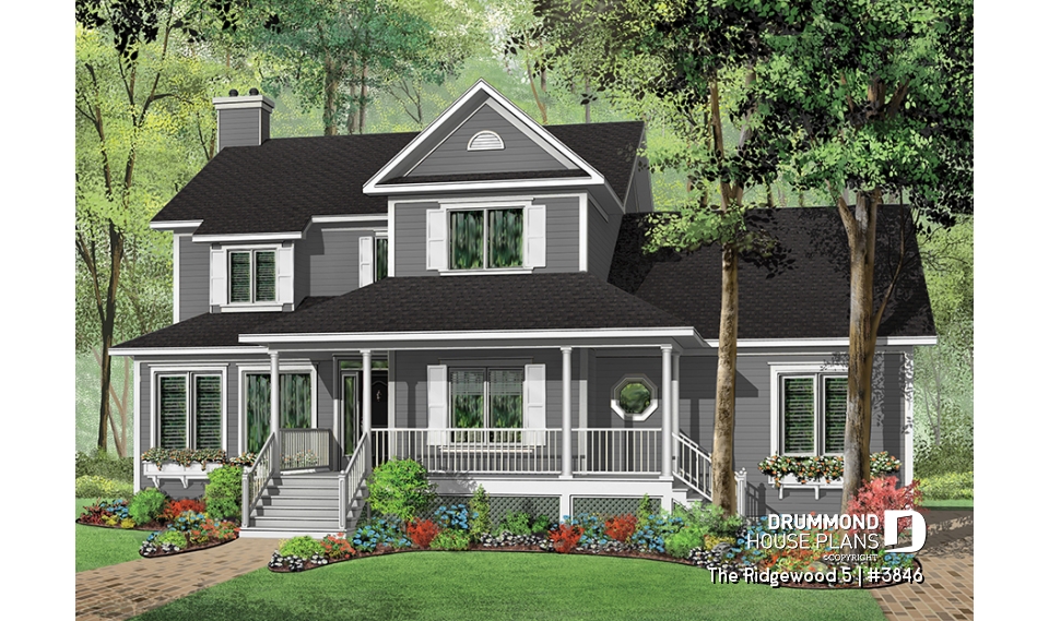front - BASE MODEL - Country style house plan, 3 to 4 bedroom, 2 large home offices, sunroom, large bonus room - The Ridgewood 5
