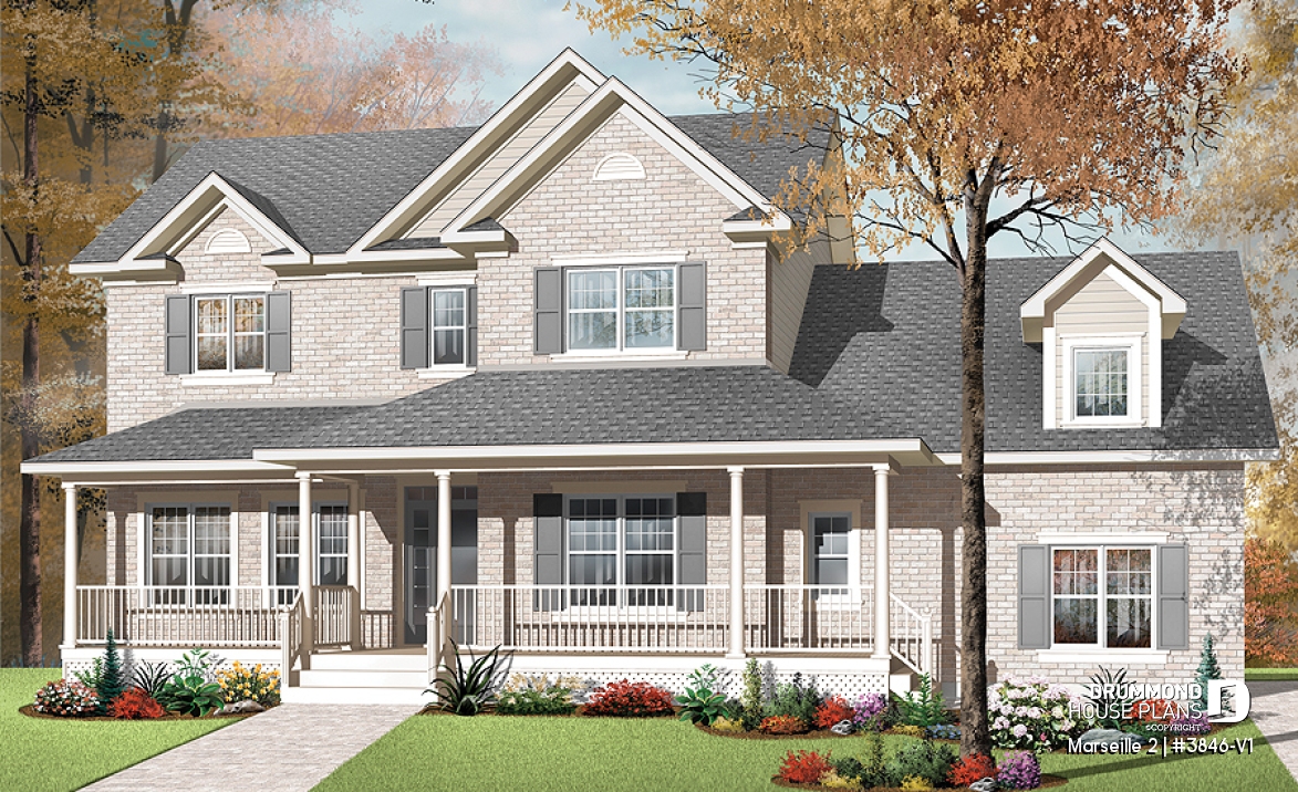 front - BASE MODEL - Country home plan, 3 to 4 bedrooms, spacious home office, solarium, 2-car garage, pantry - Marseille 2