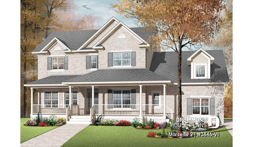 front - BASE MODEL - Country home plan, 3 to 4 bedrooms, spacious home office, solarium, 2-car garage, pantry - Marseille 2
