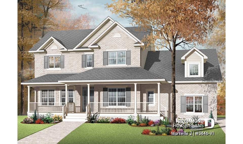 front - BASE MODEL - Country home plan, 3 to 4 bedrooms, spacious home office, solarium, 2-car garage, pantry - Marseille 2