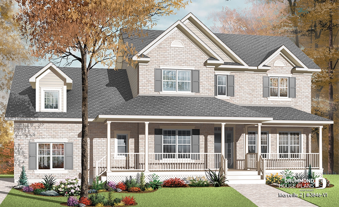 front - BASE MODEL - Country home plan, 3 to 4 bedrooms, spacious home office, solarium, 2-car garage, pantry - Marseille 2