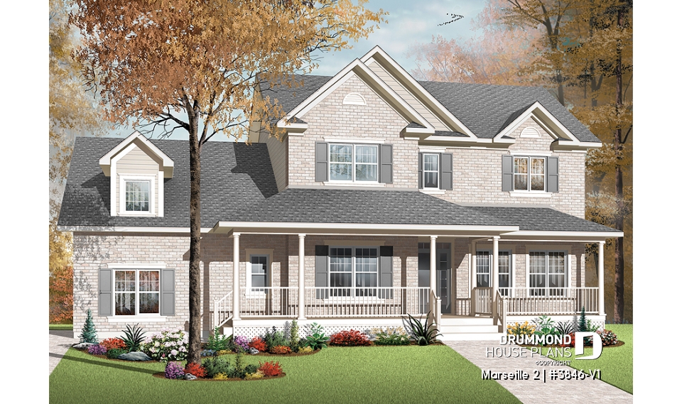 front - BASE MODEL - Country home plan, 3 to 4 bedrooms, spacious home office, solarium, 2-car garage, pantry - Marseille 2