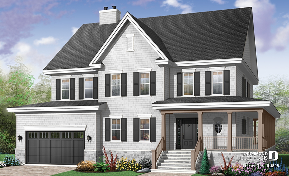 Color version 1 - Front - Country American style home, large master suite with 4+ bedrooms and 9' ceilings, home office, fireplace - La Fayette