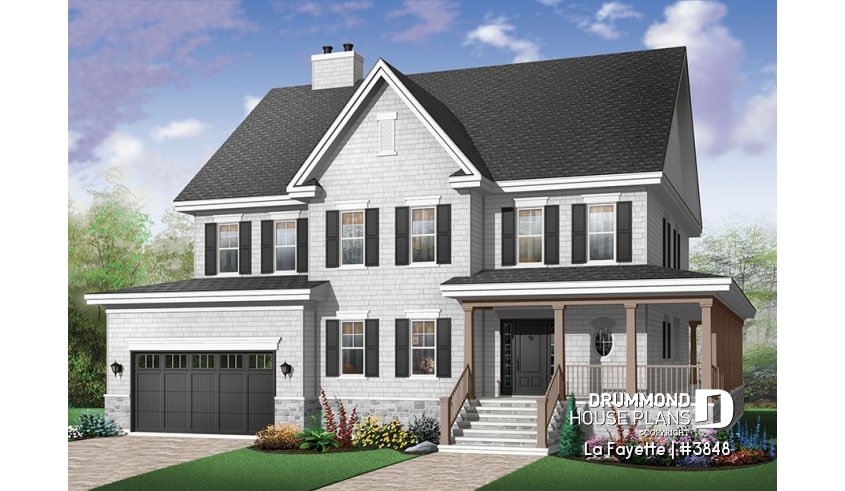 Color version 1 - Front - Country American style home, large master suite with 4+ bedrooms and 9' ceilings, home office, fireplace - La Fayette