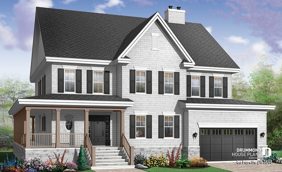 Color version 1 - Front - Country American style home, large master suite with 4+ bedrooms and 9' ceilings, home office, fireplace - La Fayette