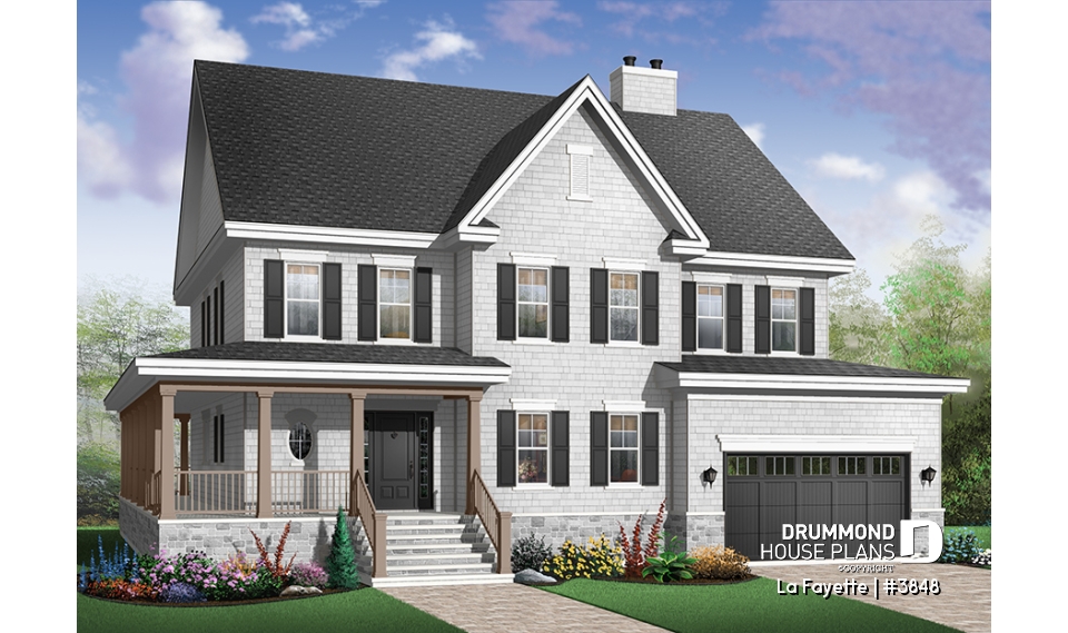 Color version 1 - Front - Country American style home, large master suite with 4+ bedrooms and 9' ceilings, home office, fireplace - La Fayette