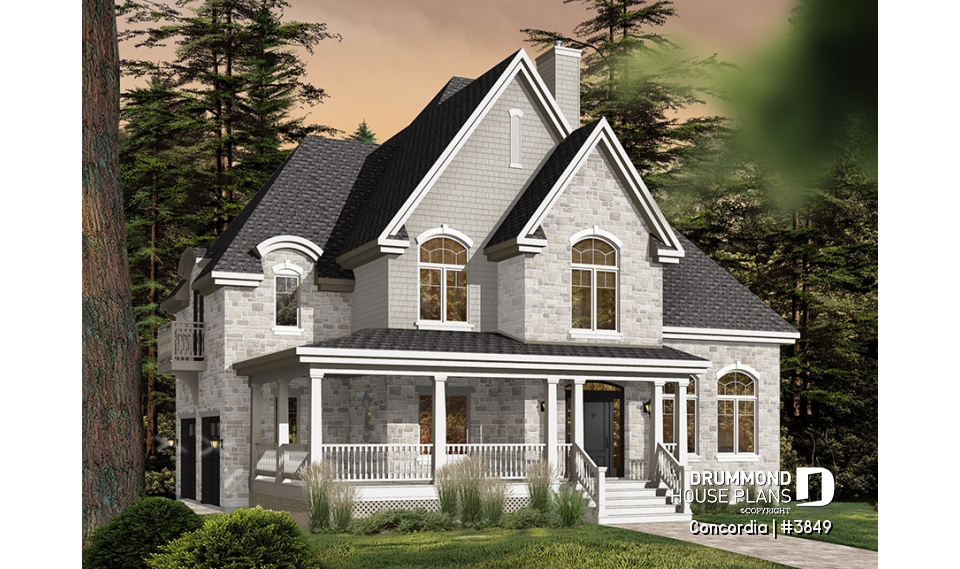 Color version 1 - Front - Classic style 4 bedroom house plan, home office, breakfast nook, large laundry room, master suite, 4 beds - Concordia