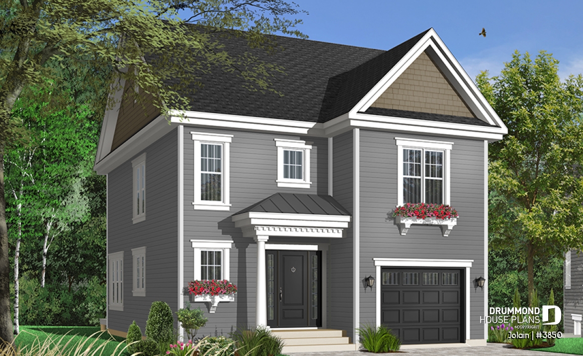 front - BASE MODEL - Affordable Narrow lot Tudor house plan, mezzanine, laundry on 2nd floor, open floor plan - Jolain