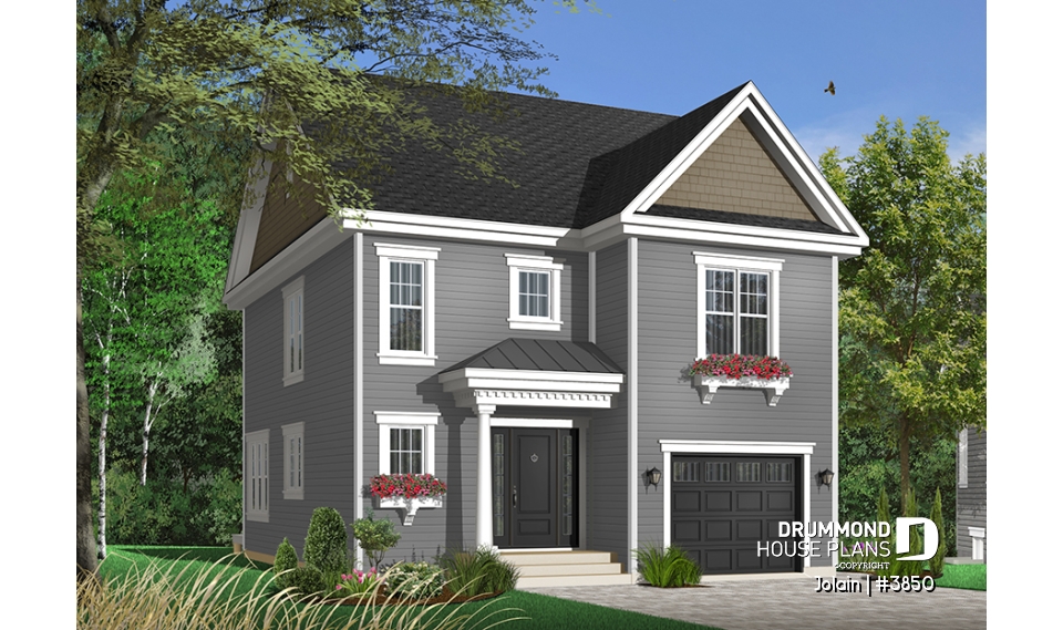 front - BASE MODEL - Affordable Narrow lot Tudor house plan, mezzanine, laundry on 2nd floor, open floor plan - Jolain