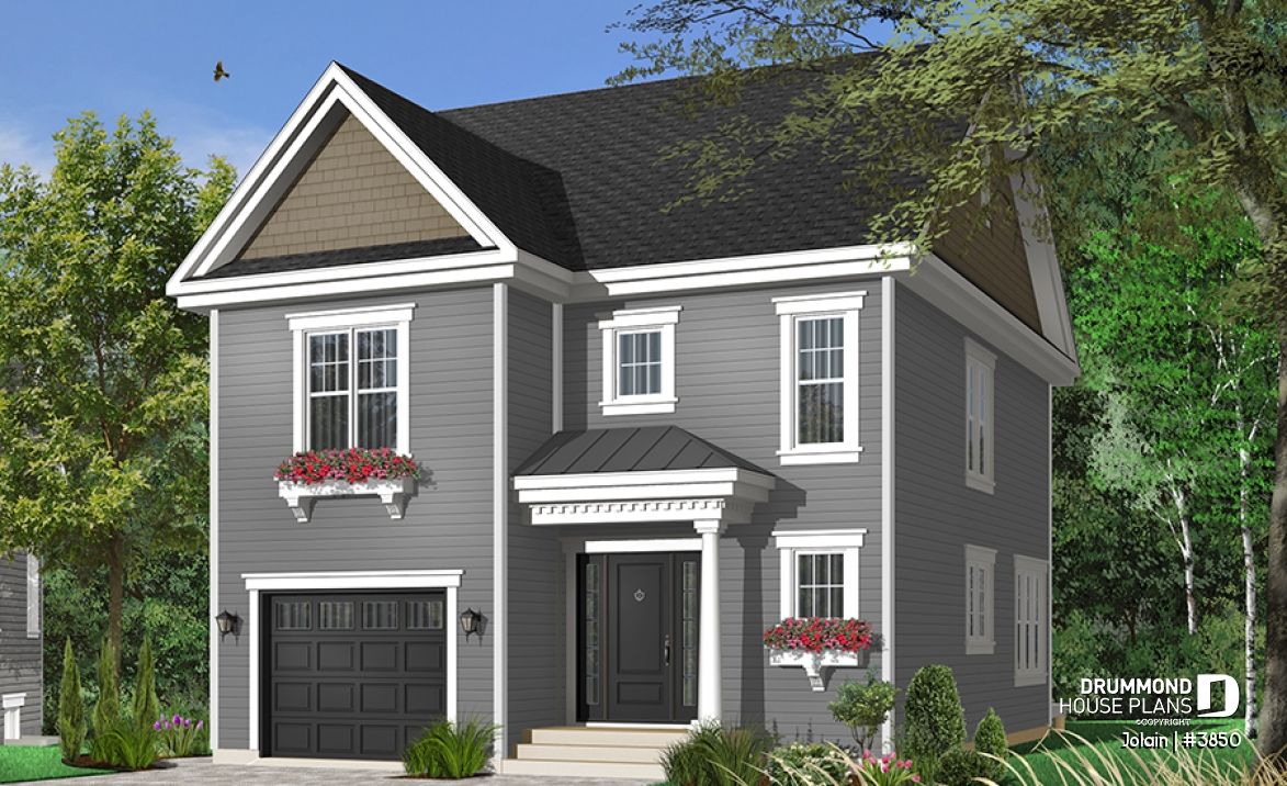 front - BASE MODEL - Affordable Narrow lot Tudor house plan, mezzanine, laundry on 2nd floor, open floor plan - Jolain