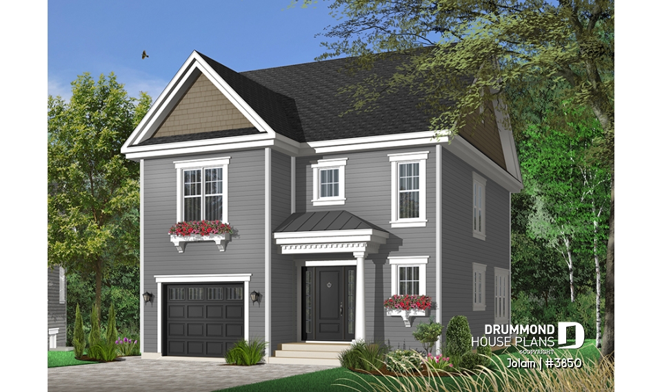 front - BASE MODEL - Affordable Narrow lot Tudor house plan, mezzanine, laundry on 2nd floor, open floor plan - Jolain
