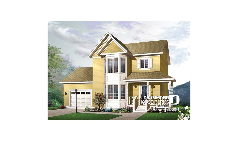 front - BASE MODEL - 3 bedroom victorian house plan with garage, great kitchen, laundry room on main floor - Honor