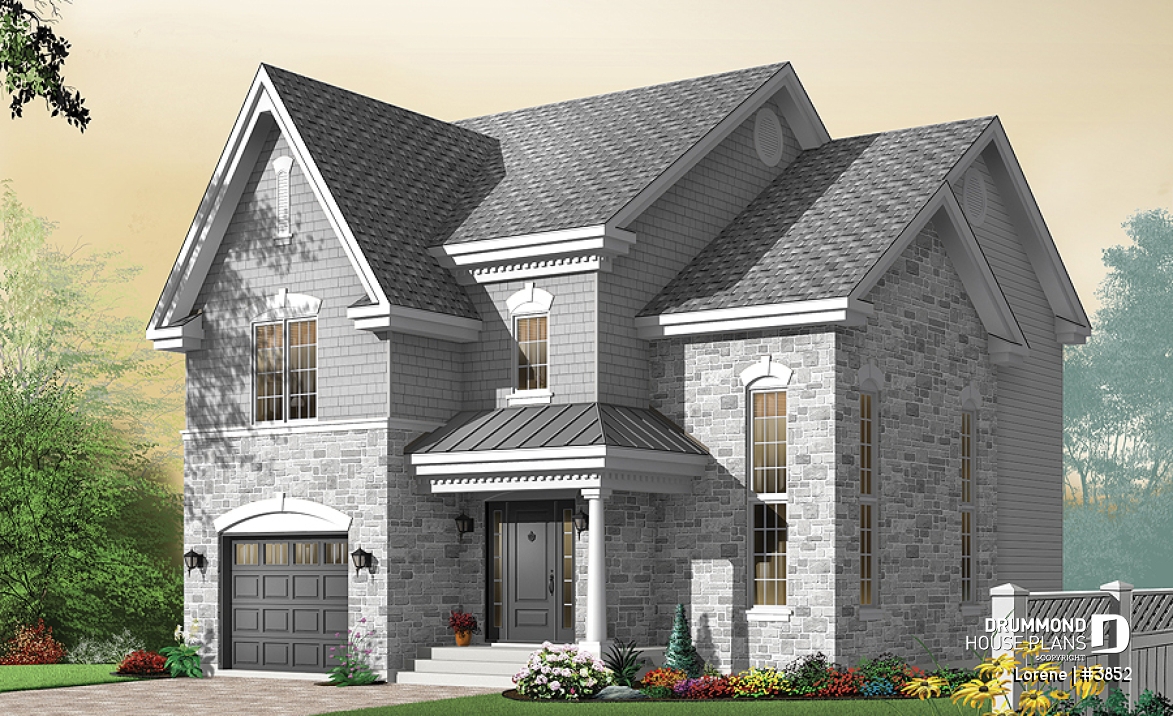 front - BASE MODEL - Luxury english style house plan, 3 bedrooms, 15' ceiling, garage - Lorene