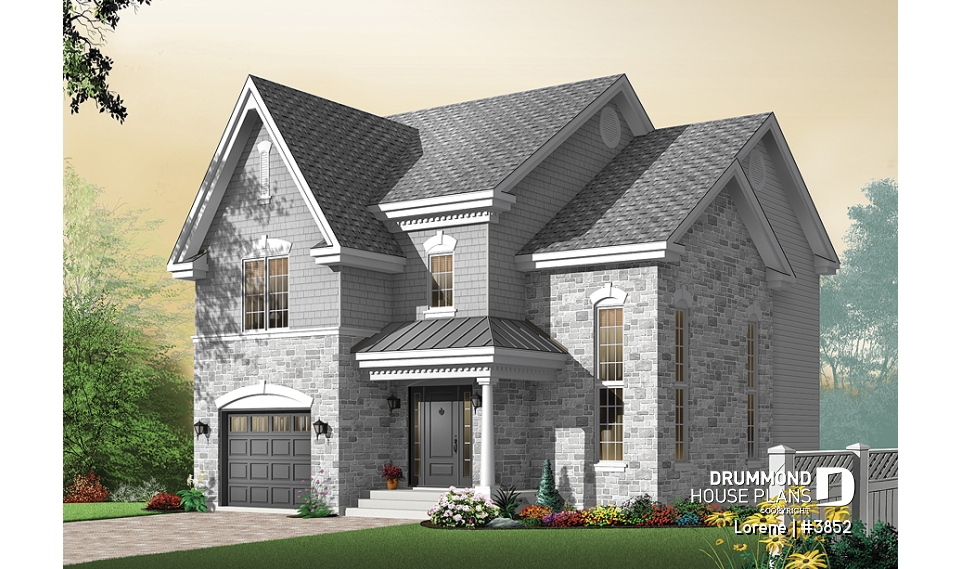 front - BASE MODEL - Luxury english style house plan, 3 bedrooms, 15' ceiling, garage - Lorene