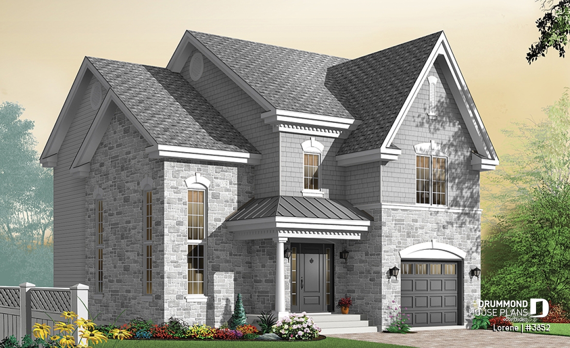 front - BASE MODEL - Luxury english style house plan, 3 bedrooms, 15' ceiling, garage - Lorene