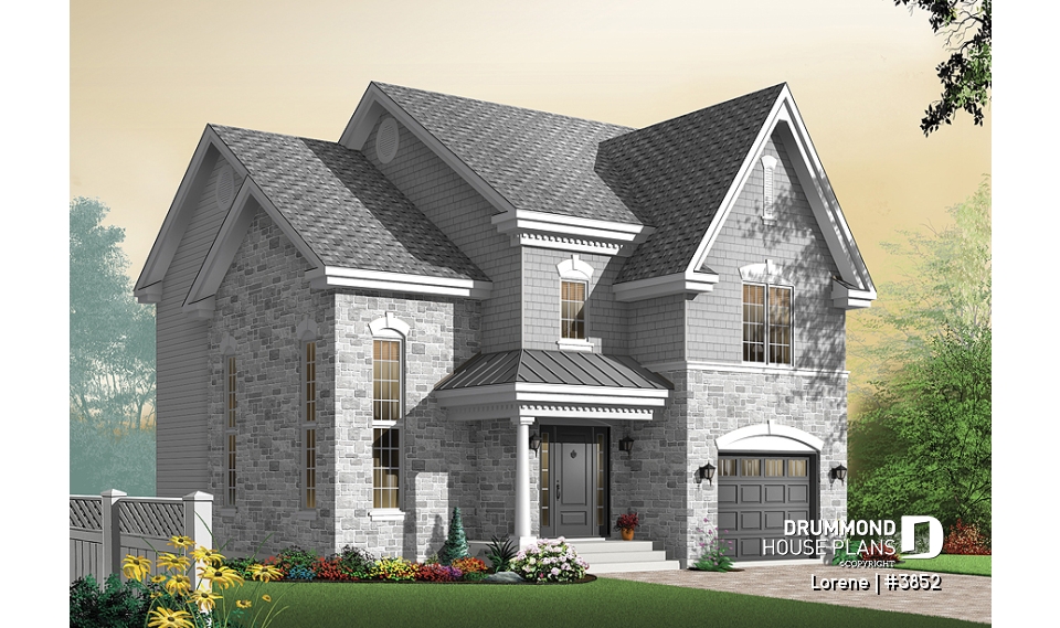 front - BASE MODEL - Luxury english style house plan, 3 bedrooms, 15' ceiling, garage - Lorene