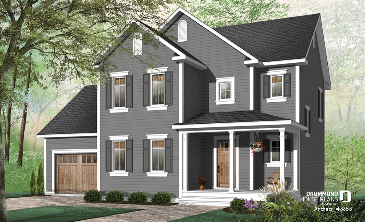 Color version 2 - Front - Small, simple two-storey home plan, three bedrooms, large kitchen, laundry room on main floor, garage - Andrea