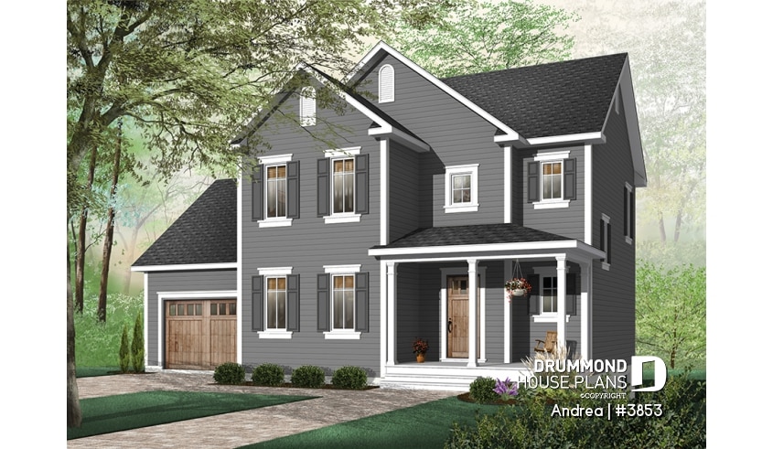 Color version 2 - Front - Small, simple two-storey home plan, three bedrooms, large kitchen, laundry room on main floor, garage - Andrea