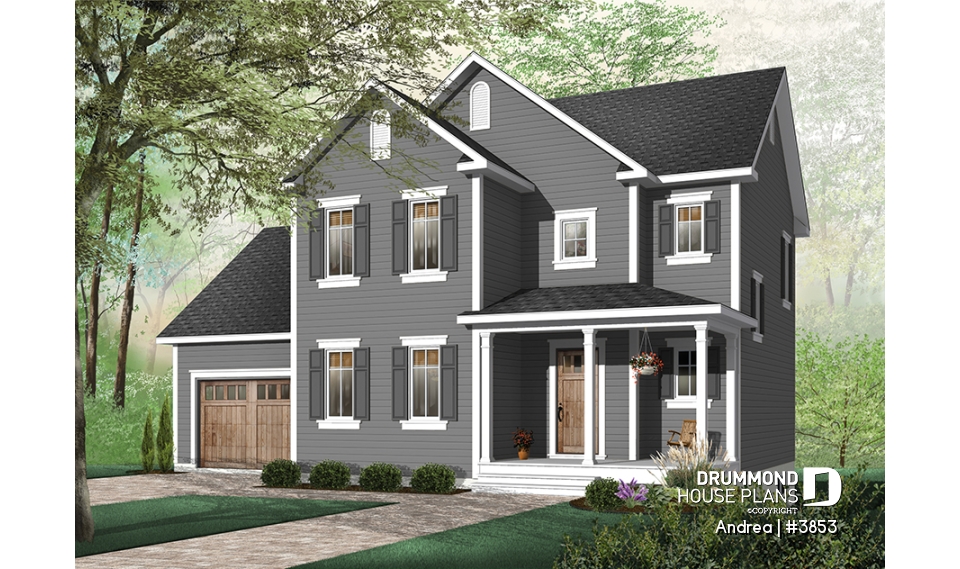 Color version 2 - Front - Small, simple two-storey home plan, three bedrooms, large kitchen, laundry room on main floor, garage - Andrea