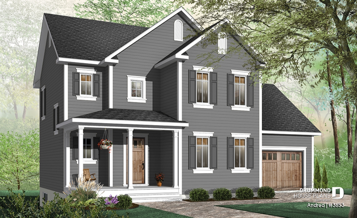 Color version 2 - Front - Small, simple two-storey home plan, three bedrooms, large kitchen, laundry room on main floor, garage - Andrea