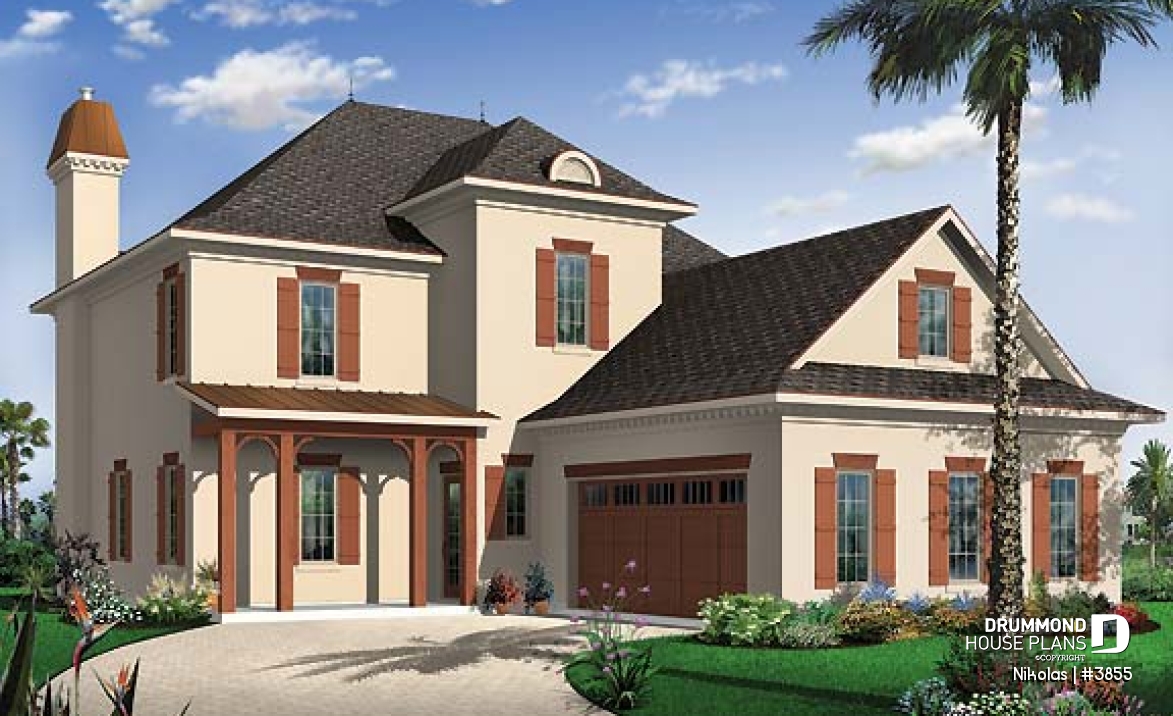 front - BASE MODEL - Mediterranean style house plan, 4 bedrooms, 3-car garage, master suite with private balcony - Nikolas
