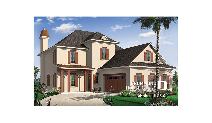 front - BASE MODEL - Mediterranean style house plan, 4 bedrooms, 3-car garage, master suite with private balcony - Nikolas