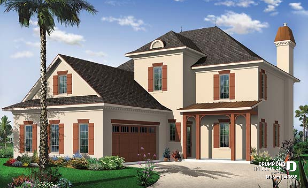 front - BASE MODEL - Mediterranean style house plan, 4 bedrooms, 3-car garage, master suite with private balcony - Nikolas
