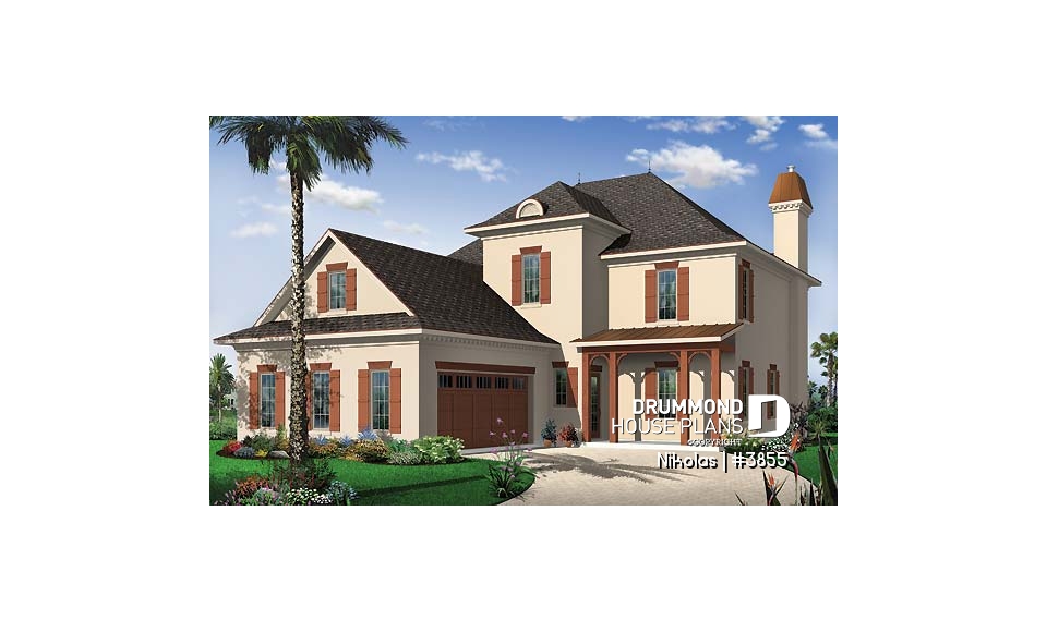 front - BASE MODEL - Mediterranean style house plan, 4 bedrooms, 3-car garage, master suite with private balcony - Nikolas