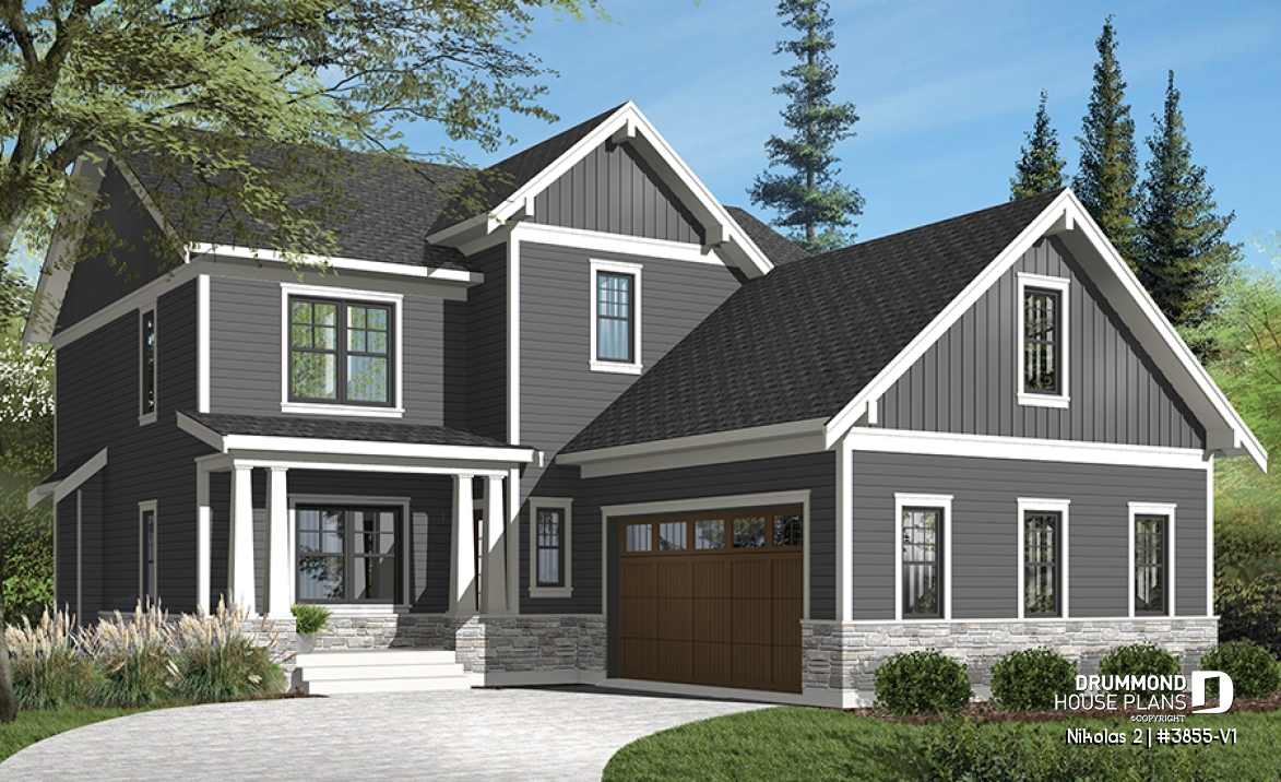 Color version 3 - Front - Farm cottage house plan with 4 bedrooms, master suite, home office, courtyard garage, fireplace, covered porch - Nikolas 2
