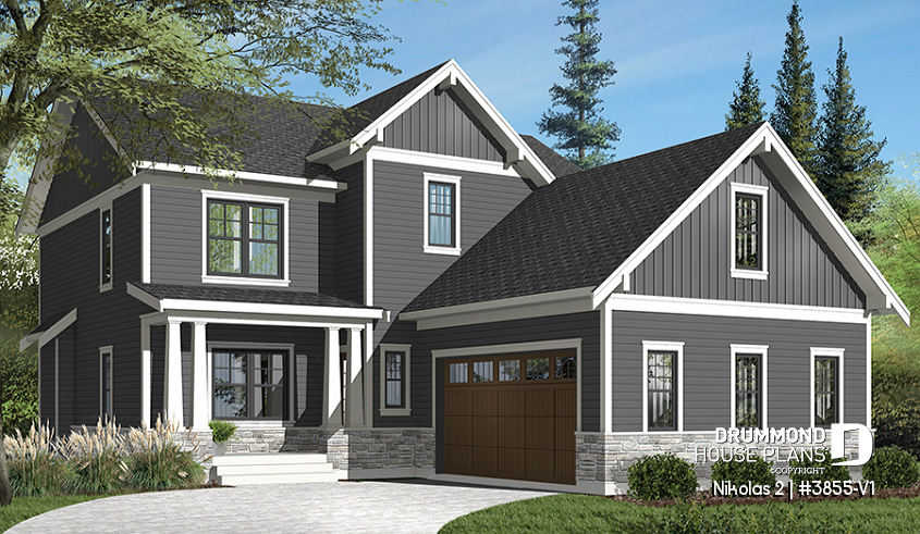 Color version 3 - Front - Farm cottage house plan with 4 bedrooms, master suite, home office, courtyard garage, fireplace, covered porch - Nikolas 2