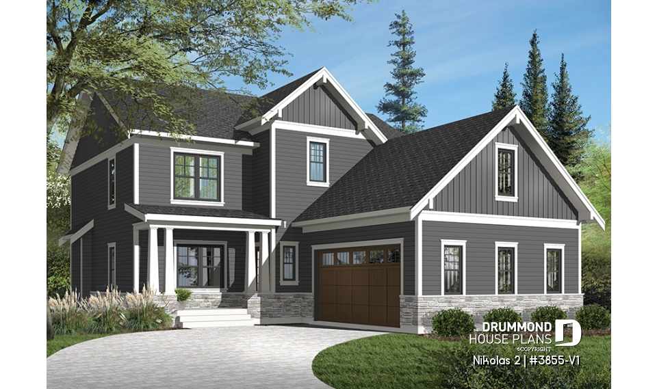 Color version 3 - Front - Farm cottage house plan with 4 bedrooms, master suite, home office, courtyard garage, fireplace, covered porch - Nikolas 2