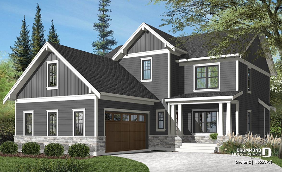 Color version 3 - Front - Farm cottage house plan with 4 bedrooms, master suite, home office, courtyard garage, fireplace, covered porch - Nikolas 2