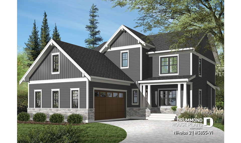 Color version 3 - Front - Farm cottage house plan with 4 bedrooms, master suite, home office, courtyard garage, fireplace, covered porch - Nikolas 2