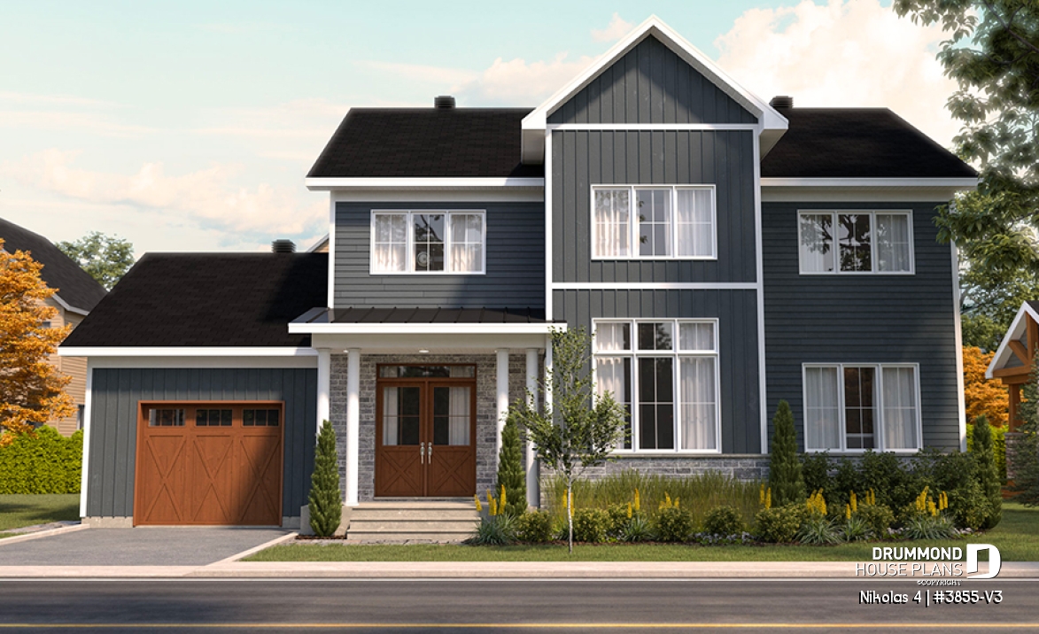 front - BASE MODEL - Beautiful country farmhouse style house plan with 3 bedrooms, garage, den, pantry, mudroom - Nikolas 4