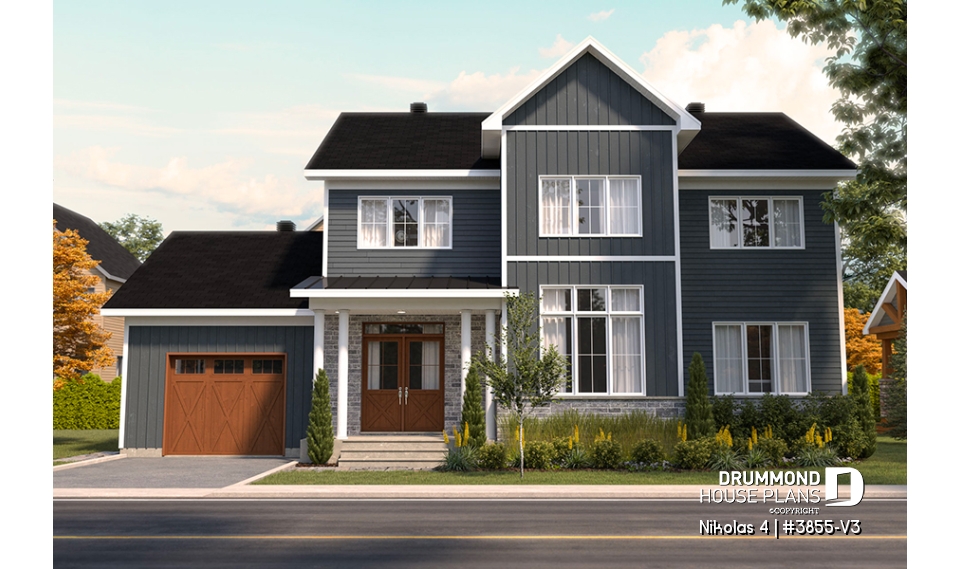 front - BASE MODEL - Beautiful country farmhouse style house plan with 3 bedrooms, garage, den, pantry, mudroom - Nikolas 4